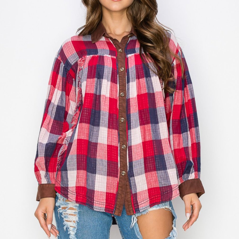 WASHED BALLOON SLEEVES PLAID SHIRTS - RED